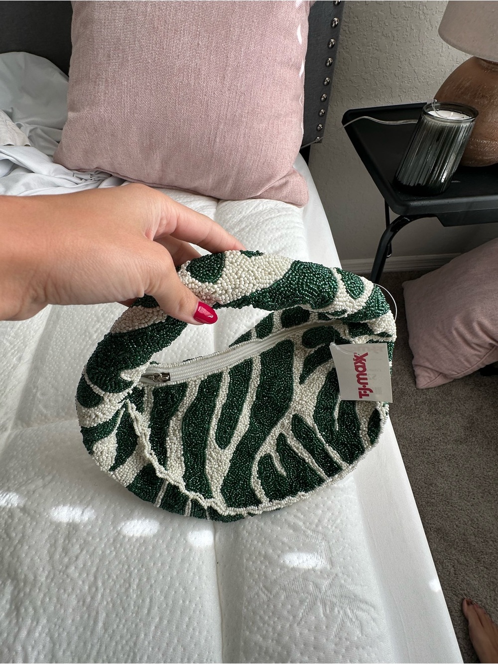 T.J.Maxx Green & White Beaded Zebra-Pattern Shoulder Bag